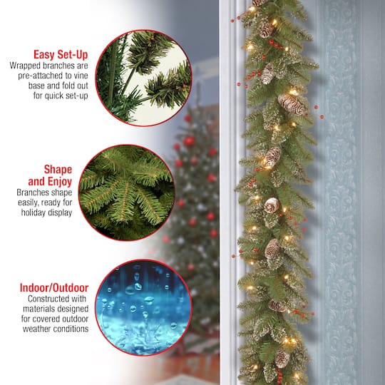 9' x 10" Pre-lit Glittery Mountain Spruce Artificial Christmas Garland with White Edged Cones, Red Berries and 50 Clear Lights